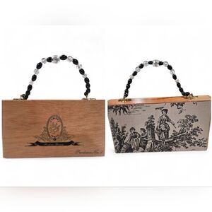 Vintage Wooden Cigar Box Toile Prinr Handbag — Beaded Handle. Interior Mirror